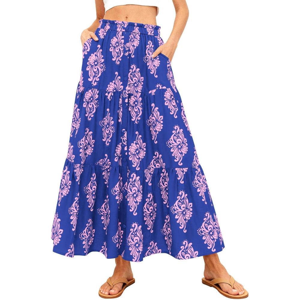 imageBTFBM Long Skirts for Women Summer 2026 Elastic High Waist Flowy A Line Casual Boho Tiered Floral Maxi Skirt PocketsDark Blue Pink Flower