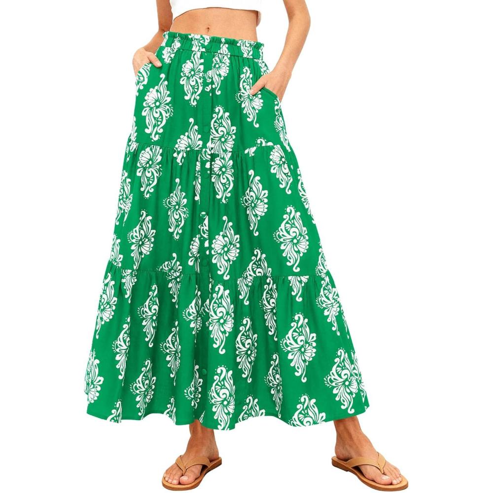 imageBTFBM Long Skirts for Women Summer 2026 Elastic High Waist Flowy A Line Casual Boho Tiered Floral Maxi Skirt PocketsGreen White Flower