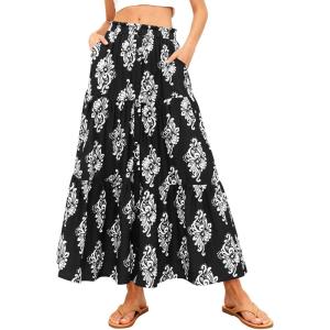 BTFBM Long Skirts for Women Summer 2026 Elastic High Waist Flowy A Line Casual Boho Tiered Floral Maxi Skirt Pockets(Black White Flower)