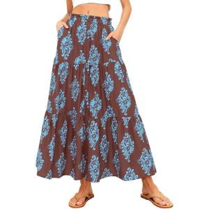 BTFBM Long Skirts for Women Summer 2026 Elastic High Waist Flowy A Line Casual Boho Tiered Floral Maxi Skirt Pockets(Brown Light Blue Flower)