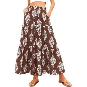 BTFBM Long Skirts for Women Summer 2026 Elastic High Waist Flowy A Line Casual Boho Tiered Floral Maxi Skirt Pockets(Brown White Flower)