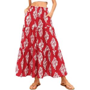 BTFBM Long Skirts for Women Summer 2026 Elastic High Waist Flowy A Line Casual Boho Tiered Floral Maxi Skirt Pockets(Floral Red White Flower)