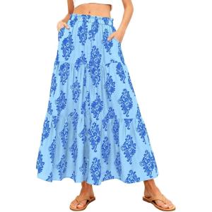 BTFBM Long Skirts for Women Summer 2026 Elastic High Waist Flowy A Line Casual Boho Tiered Floral Maxi Skirt Pockets(Light Blue Blue Flower)