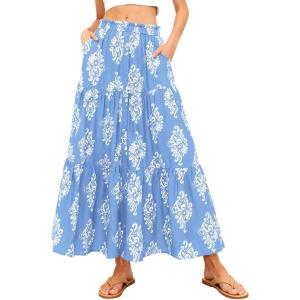BTFBM Long Skirts for Women Summer 2026 Elastic High Waist Flowy A Line Casual Boho Tiered Floral Maxi Skirt Pockets(Light Blue White Flower)