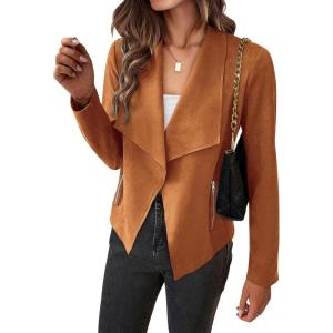 BTFBM Womens Faux Suede Jackets Dressy Spring Summer Clothes 2025 Lapel Long Sleeve Open Front Cropped Outerwear Coats(Solid Brown)