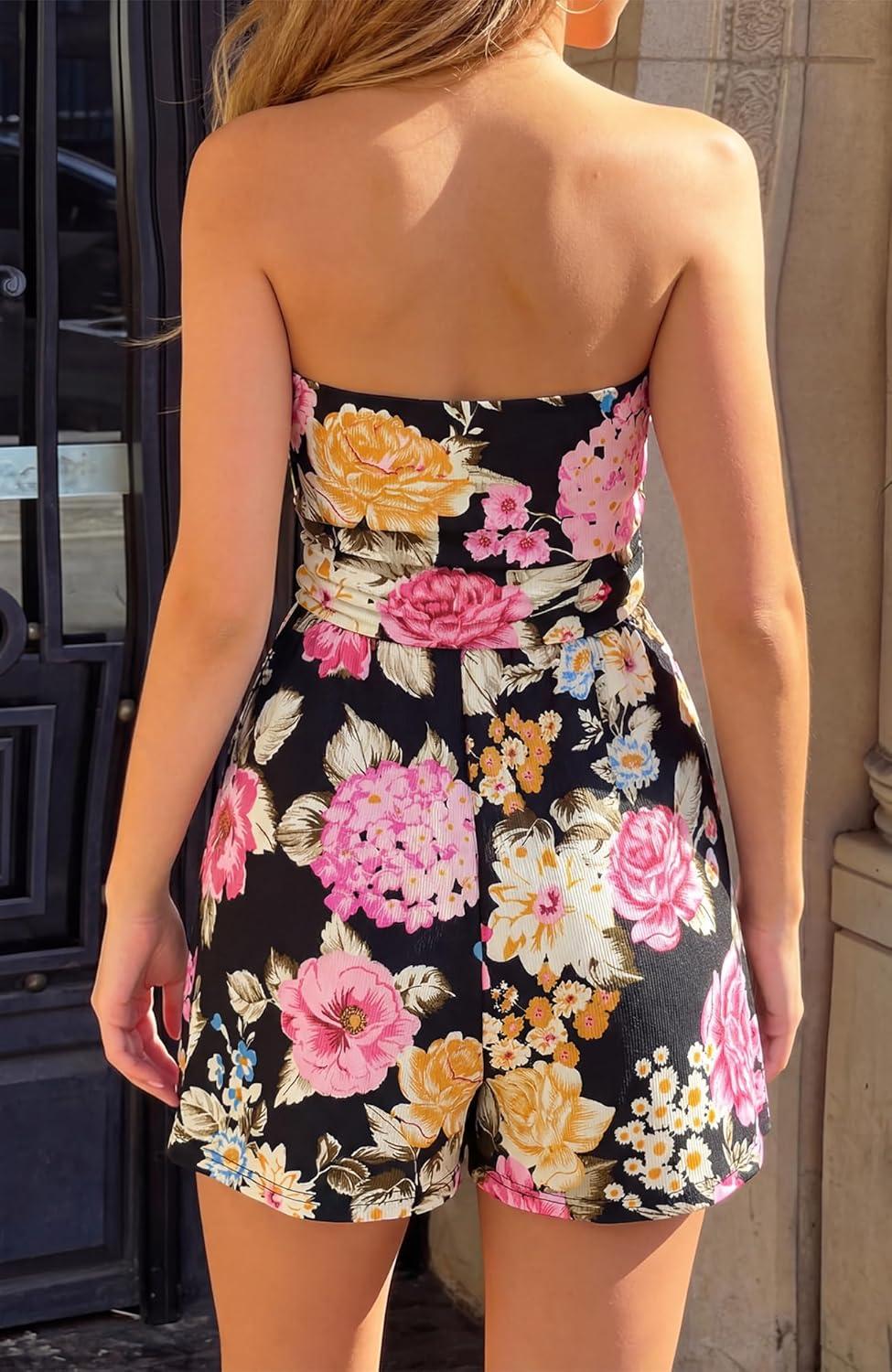 imageBTFBM Romper For Women 2026 Spring Strapless Printed Tube Boho Wide Leg Beach Short Jumpsuit Summer Date Night RompersFloral Black Pink