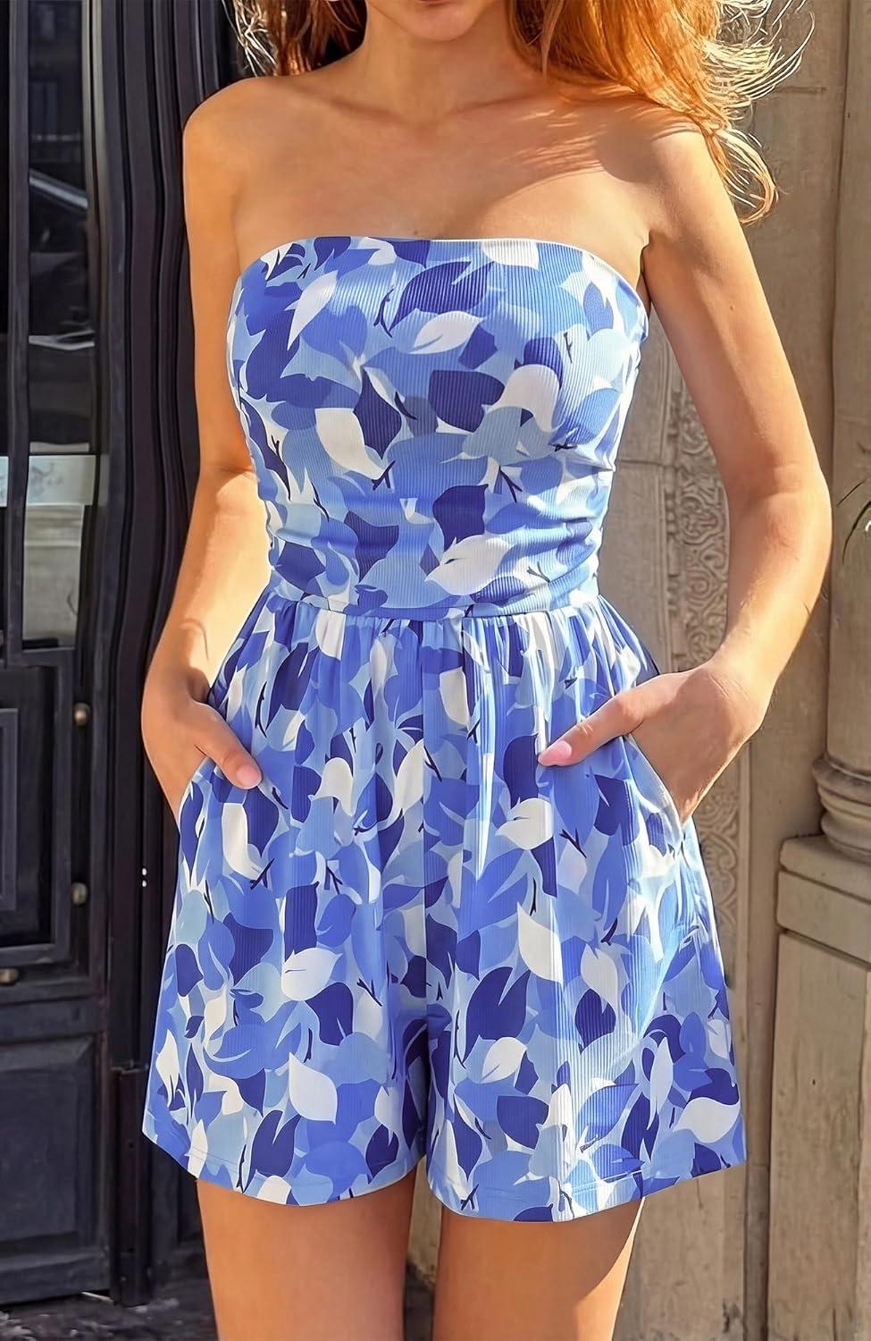 imageBTFBM Romper For Women 2026 Spring Strapless Printed Tube Boho Wide Leg Beach Short Jumpsuit Summer Date Night RompersFloral Blue