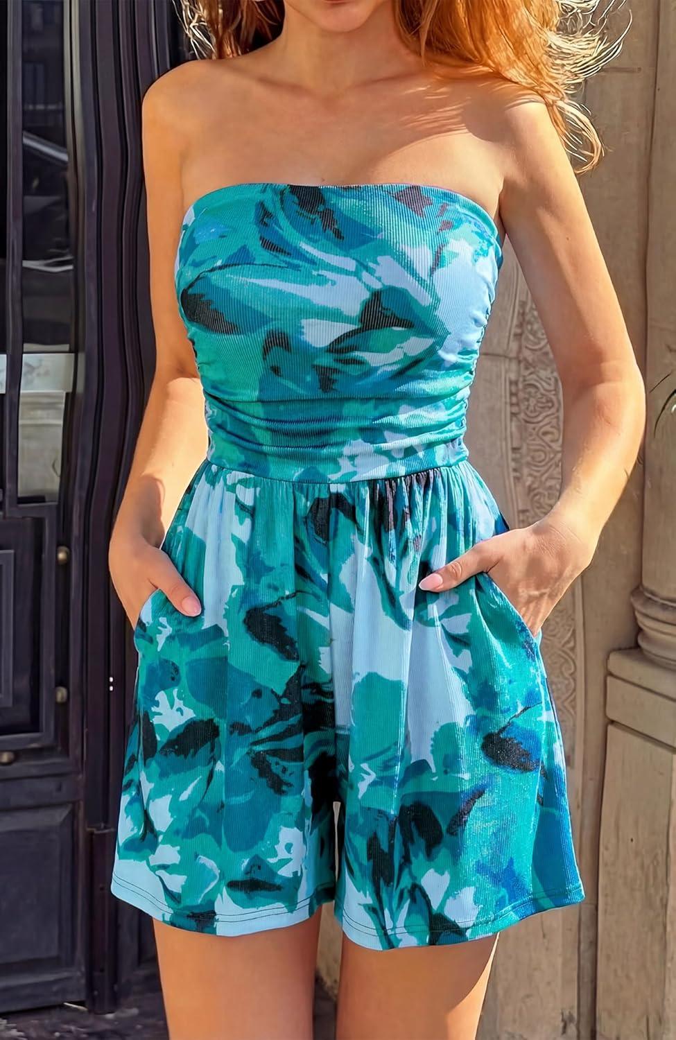 imageBTFBM Romper For Women 2026 Spring Strapless Printed Tube Boho Wide Leg Beach Short Jumpsuit Summer Date Night RompersFloral Green