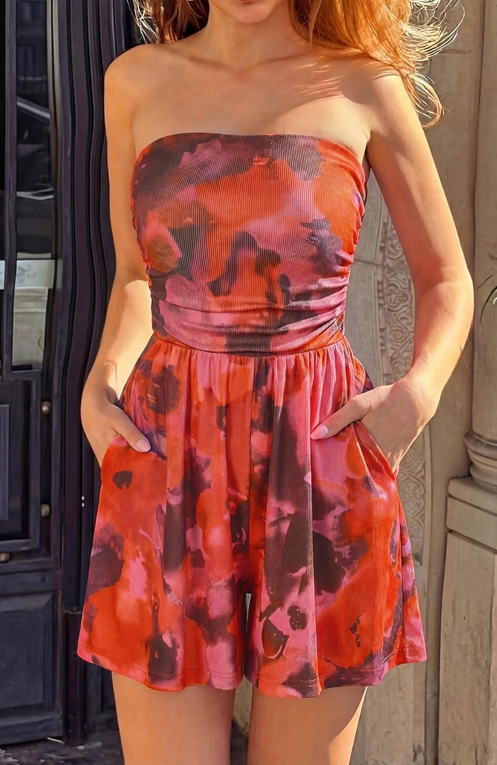 imageBTFBM Romper For Women 2026 Spring Strapless Printed Tube Boho Wide Leg Beach Short Jumpsuit Summer Date Night RompersFloral Red