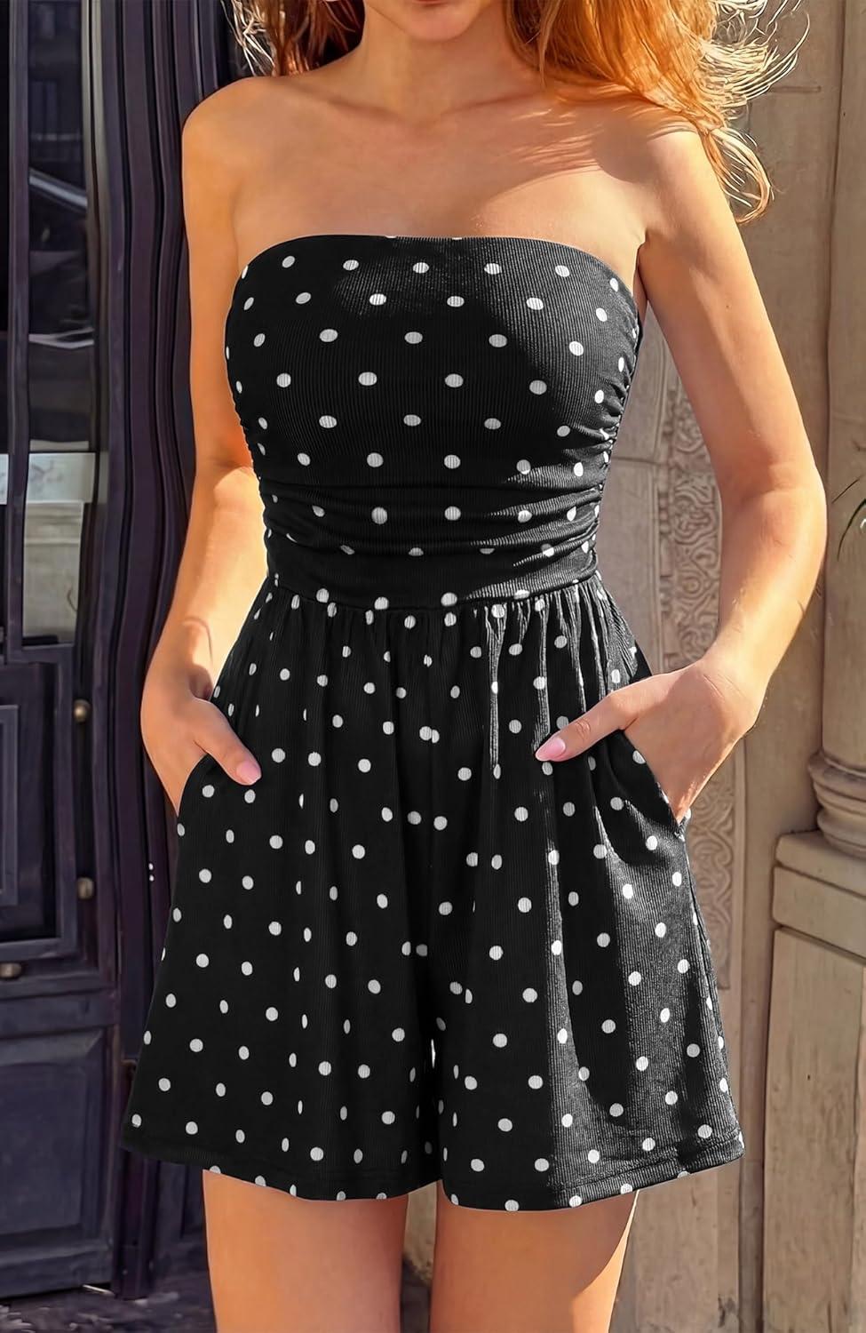 imageBTFBM Romper For Women 2026 Spring Strapless Printed Tube Boho Wide Leg Beach Short Jumpsuit Summer Date Night RompersPolka Dots Black