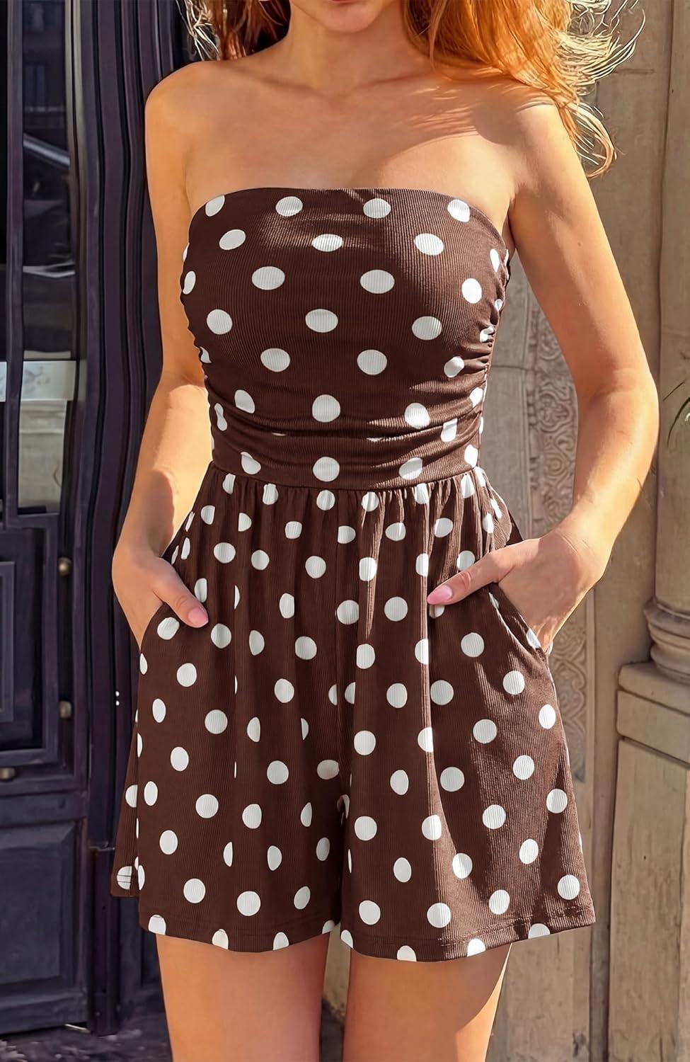 imageBTFBM Romper For Women 2026 Spring Strapless Printed Tube Boho Wide Leg Beach Short Jumpsuit Summer Date Night RompersPolka Dots Brown