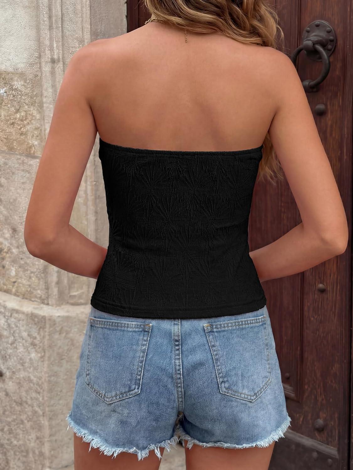 imageBTFBM Tube Tops for Women Floral Embroidery Summer Crop Top 2026 Strapless Going Out Y2K Beach Vacation Spring ClothesBlack