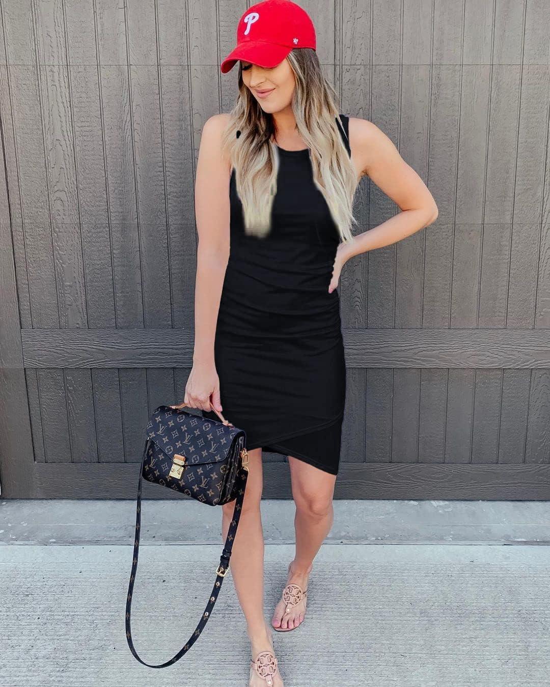 imageBTFBM Women Summer Dresses 2026 Sleeveless Tank Ruched Bodycon Sundresses for Women Party Beach Mini Casual Spring DressBlack