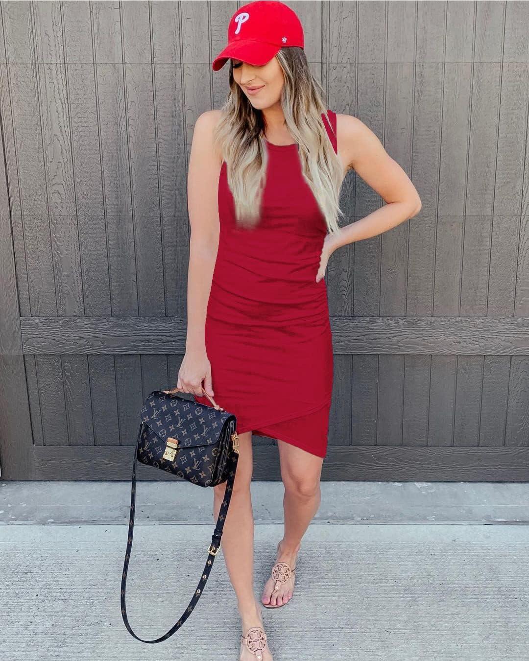 imageBTFBM Women Summer Dresses 2026 Sleeveless Tank Ruched Bodycon Sundresses for Women Party Beach Mini Casual Spring DressBright Red