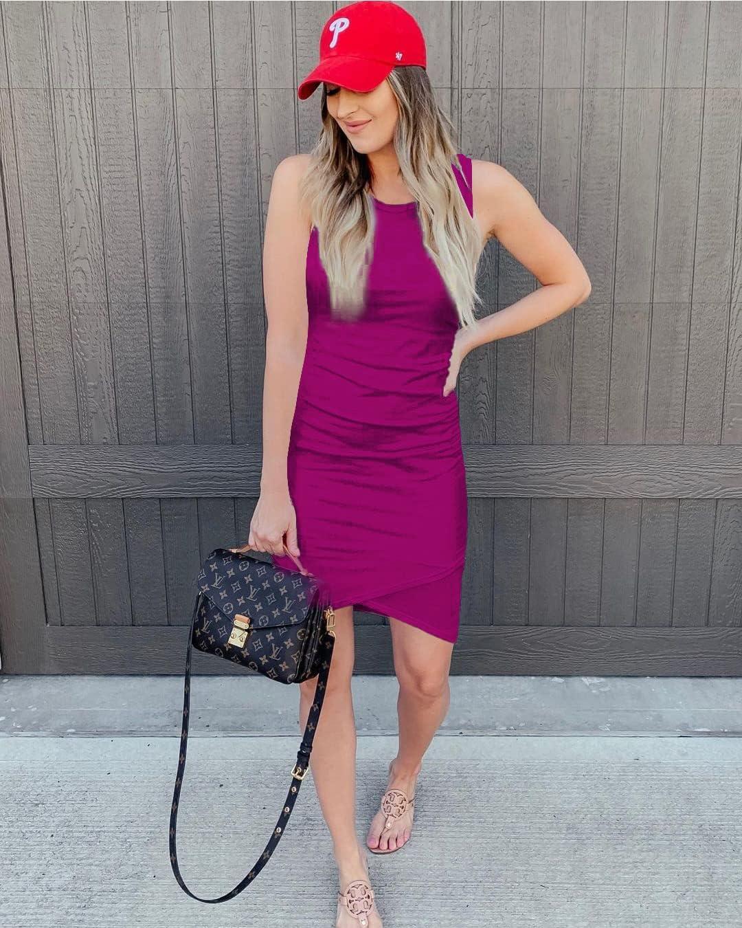 imageBTFBM Women Summer Dresses 2026 Sleeveless Tank Ruched Bodycon Sundresses for Women Party Beach Mini Casual Spring DressDark Purple