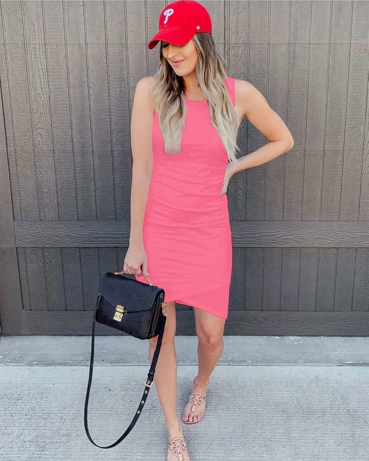 imageBTFBM Women Summer Dresses 2026 Sleeveless Tank Ruched Bodycon Sundresses for Women Party Beach Mini Casual Spring DressLight Pink