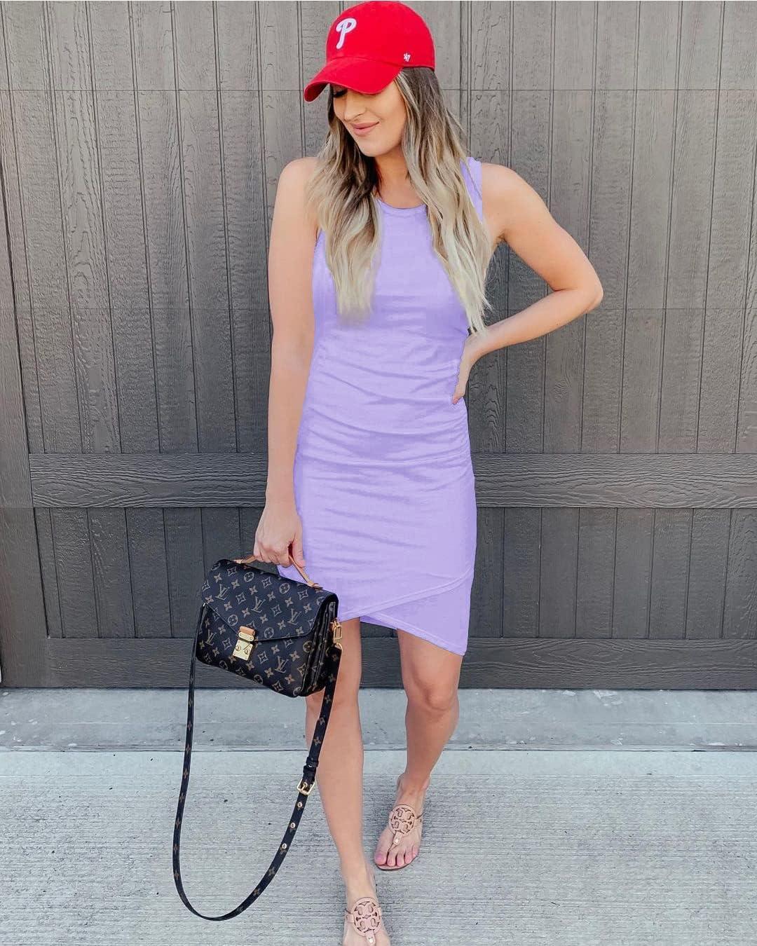 imageBTFBM Women Summer Dresses 2026 Sleeveless Tank Ruched Bodycon Sundresses for Women Party Beach Mini Casual Spring DressLight Purple