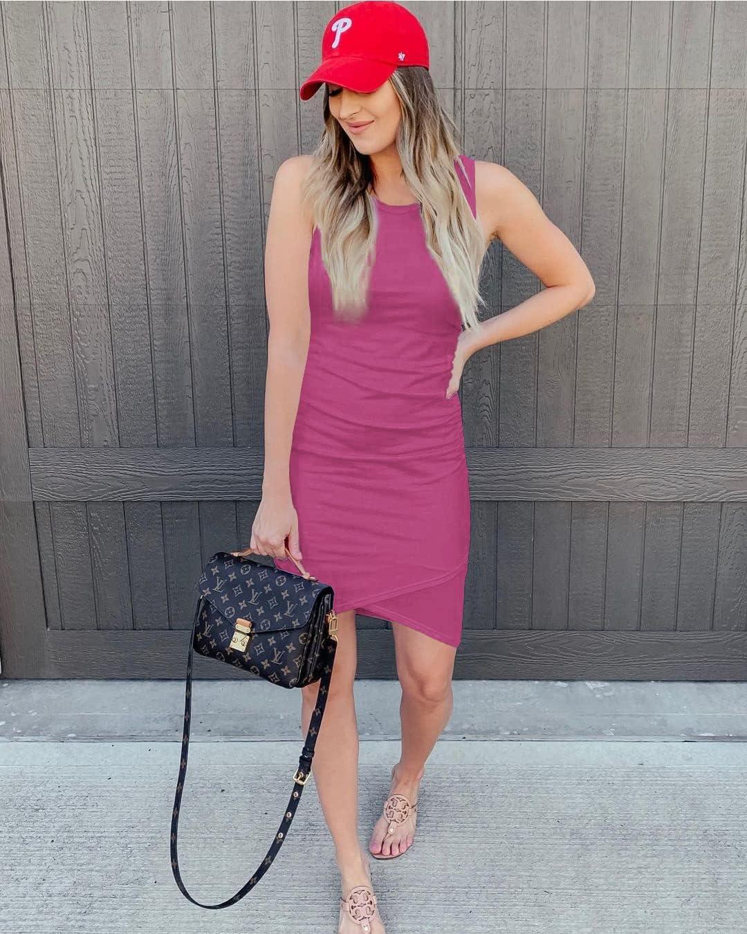 imageBTFBM Women Summer Dresses 2026 Sleeveless Tank Ruched Bodycon Sundresses for Women Party Beach Mini Casual Spring DressPurple Red