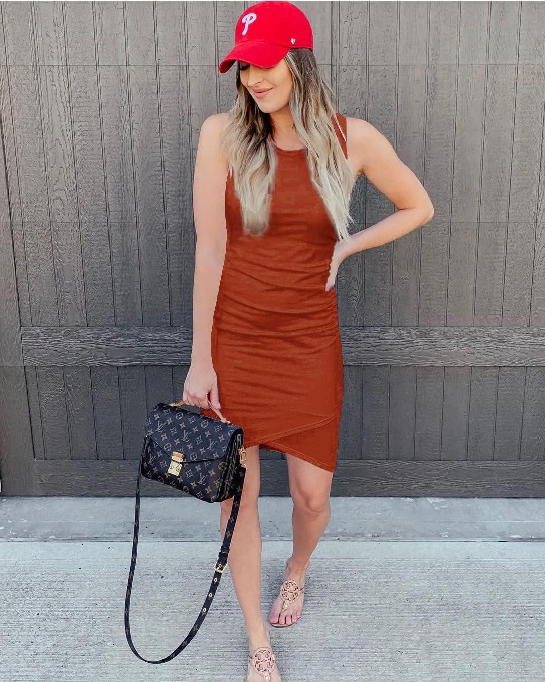 imageBTFBM Women Summer Dresses 2026 Sleeveless Tank Ruched Bodycon Sundresses for Women Party Beach Mini Casual Spring DressRed Khaki