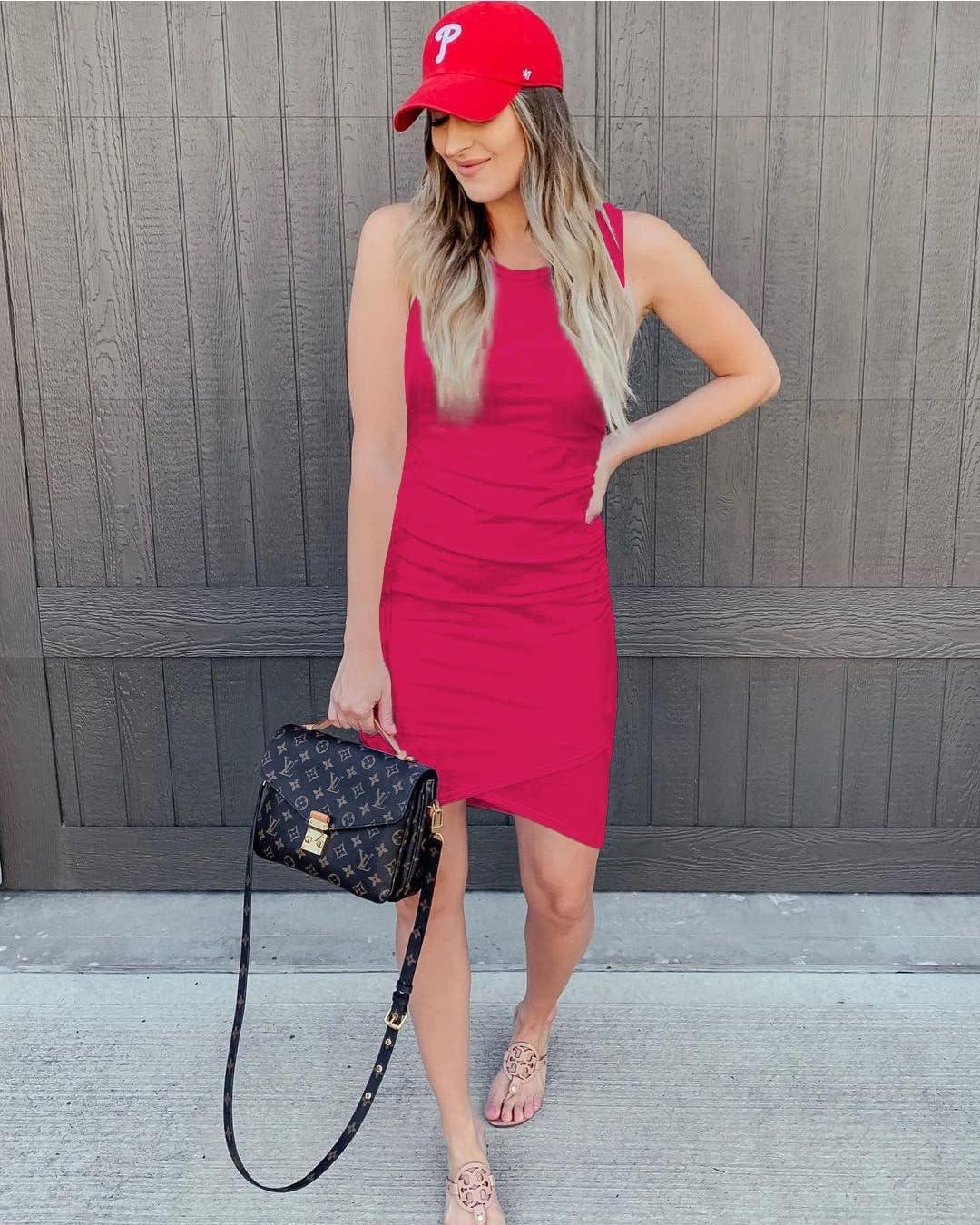 imageBTFBM Women Summer Dresses 2026 Sleeveless Tank Ruched Bodycon Sundresses for Women Party Beach Mini Casual Spring DressRose Red