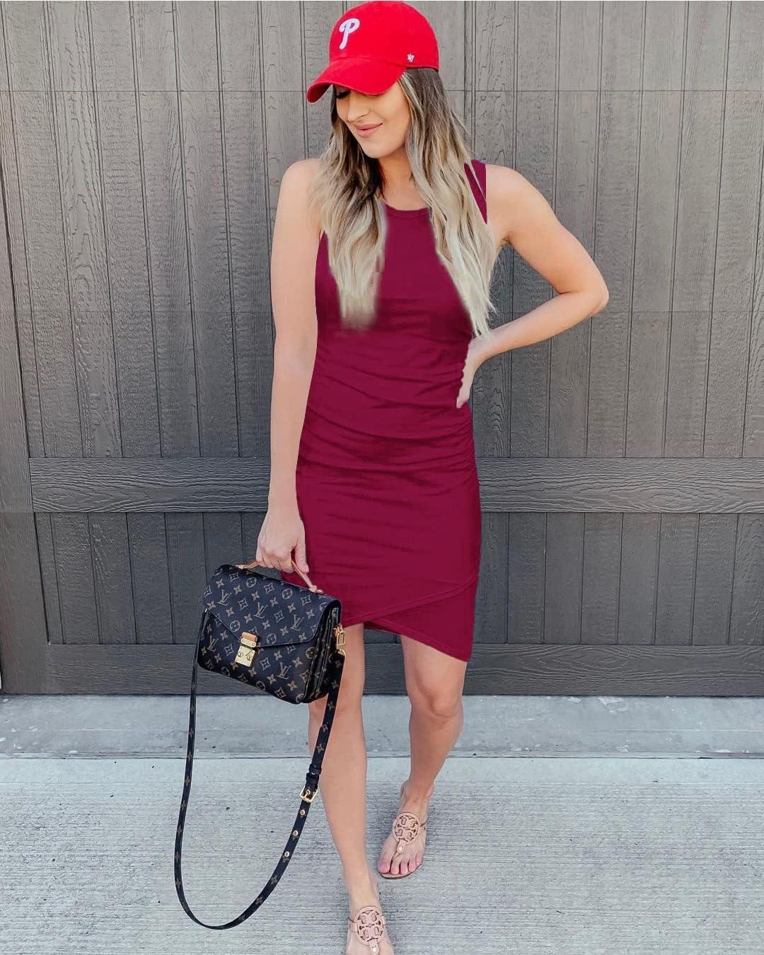 imageBTFBM Women Summer Dresses 2026 Sleeveless Tank Ruched Bodycon Sundresses for Women Party Beach Mini Casual Spring DressWine Red