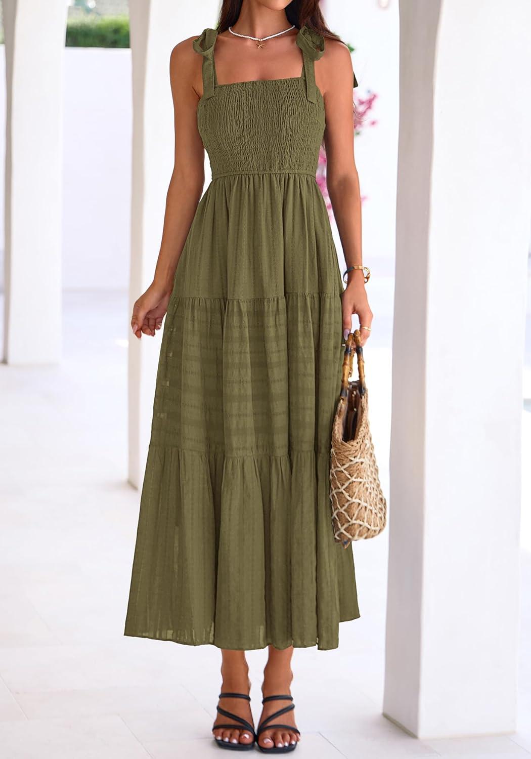 imageBTFBM Womens 2026 Spring Boho Spaghetti Strap Dress Casual Sleeveless Smocked A Line Beach Sundress Long Maxi DressesArmy Green