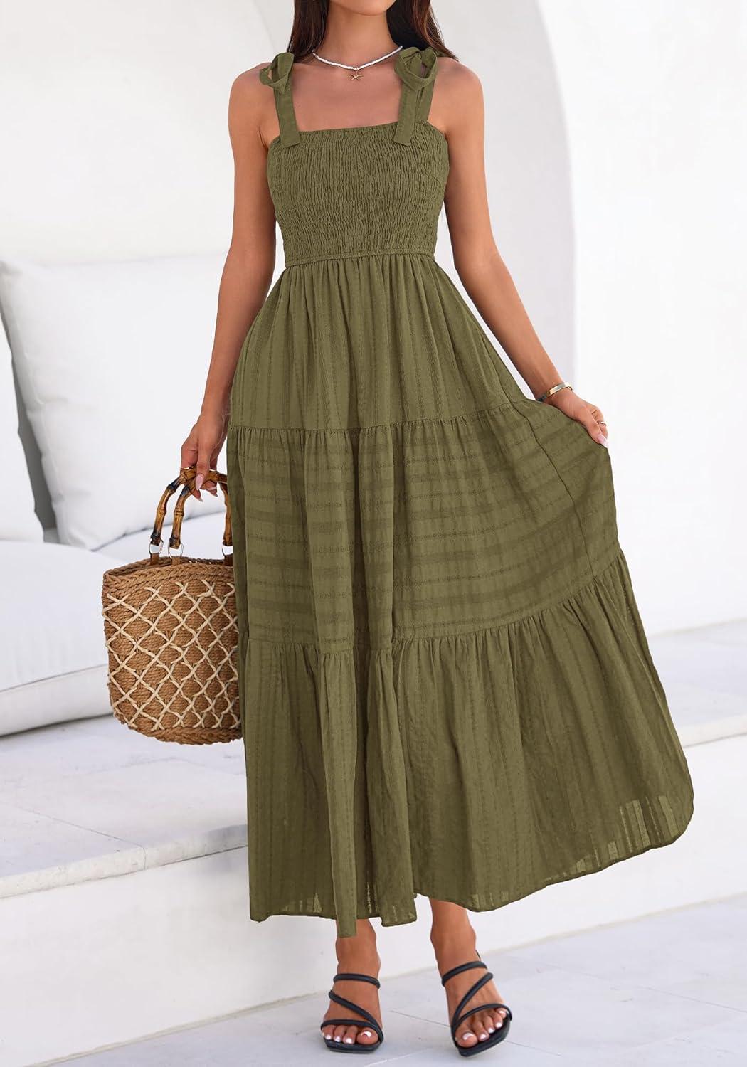 imageBTFBM Womens 2026 Spring Boho Spaghetti Strap Dress Casual Sleeveless Smocked A Line Beach Sundress Long Maxi DressesArmy Green