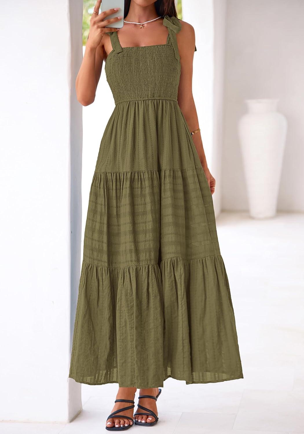 imageBTFBM Womens 2026 Spring Boho Spaghetti Strap Dress Casual Sleeveless Smocked A Line Beach Sundress Long Maxi DressesArmy Green