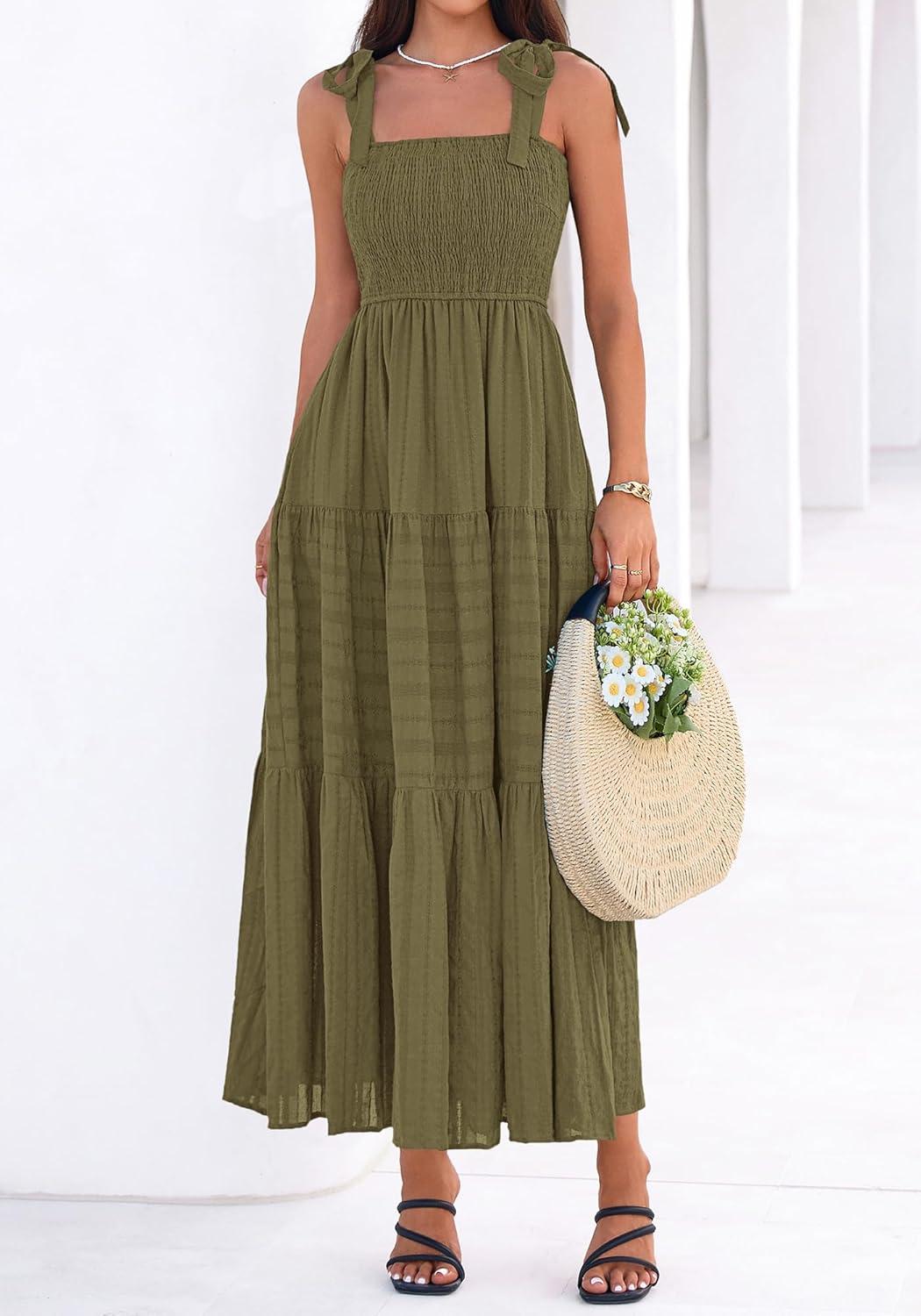 imageBTFBM Womens 2026 Spring Boho Spaghetti Strap Dress Casual Sleeveless Smocked A Line Beach Sundress Long Maxi DressesArmy Green