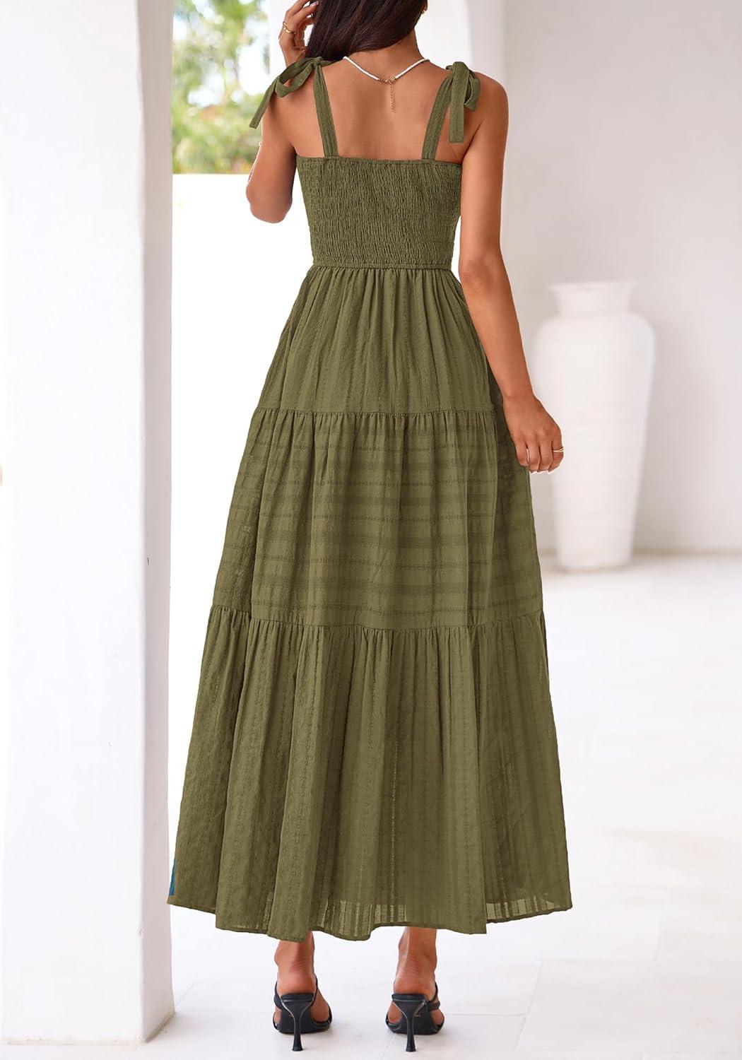 imageBTFBM Womens 2026 Spring Boho Spaghetti Strap Dress Casual Sleeveless Smocked A Line Beach Sundress Long Maxi DressesArmy Green