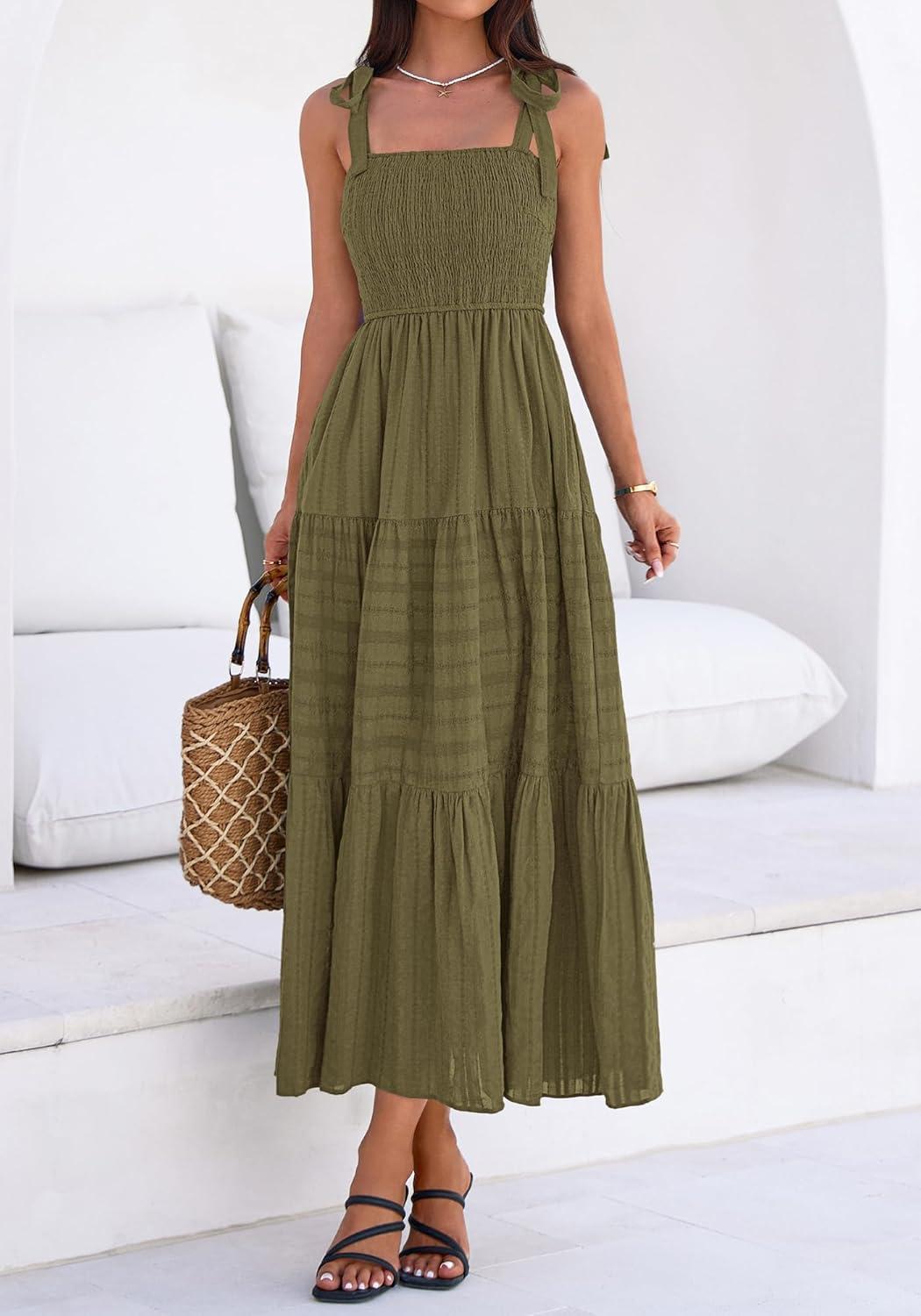 imageBTFBM Womens 2026 Spring Boho Spaghetti Strap Dress Casual Sleeveless Smocked A Line Beach Sundress Long Maxi DressesArmy Green