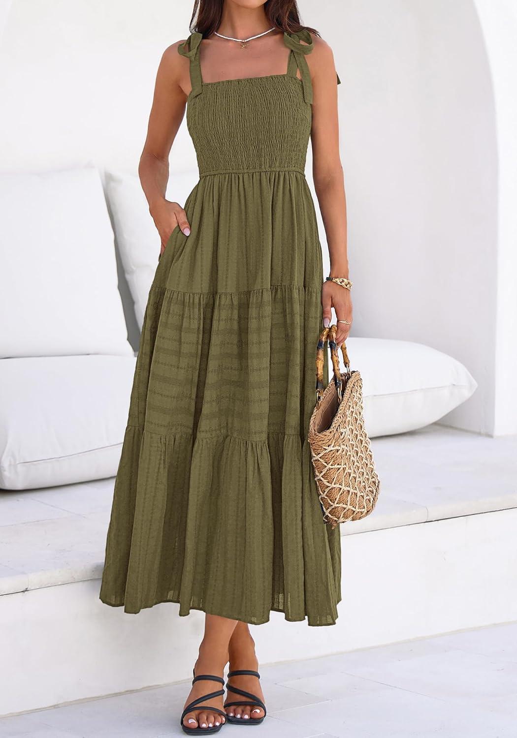 imageBTFBM Womens 2026 Spring Boho Spaghetti Strap Dress Casual Sleeveless Smocked A Line Beach Sundress Long Maxi DressesArmy Green