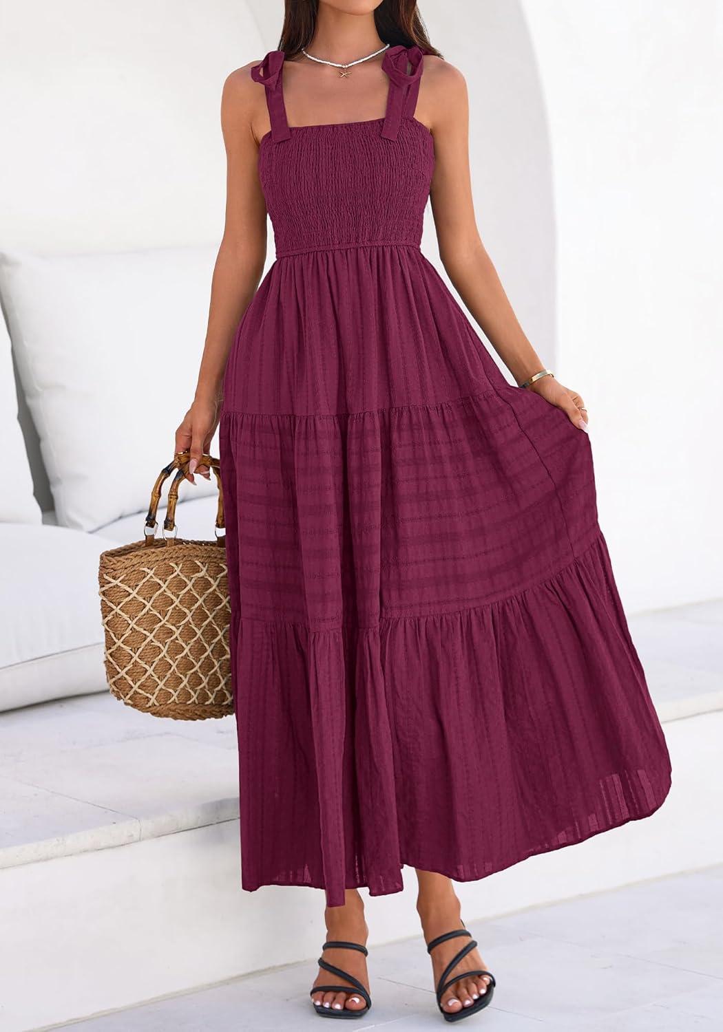 imageBTFBM Womens 2026 Spring Boho Spaghetti Strap Dress Casual Sleeveless Smocked A Line Beach Sundress Long Maxi DressesBurgundy