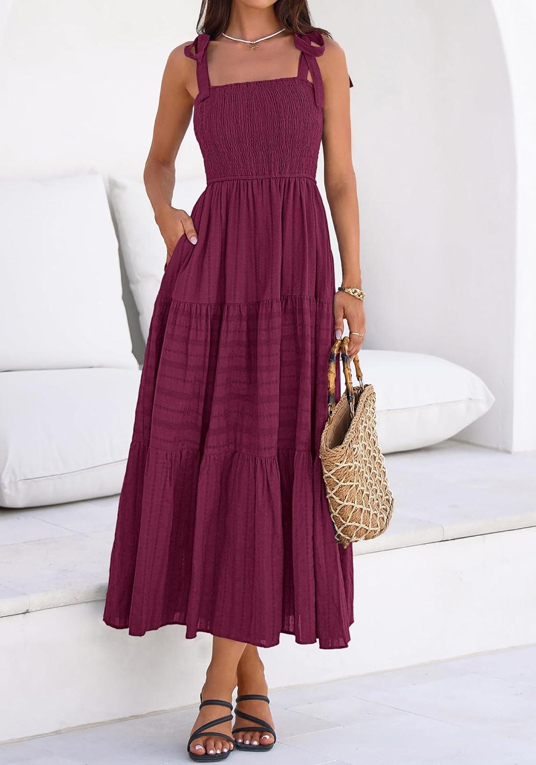 imageBTFBM Womens 2026 Spring Boho Spaghetti Strap Dress Casual Sleeveless Smocked A Line Beach Sundress Long Maxi DressesBurgundy