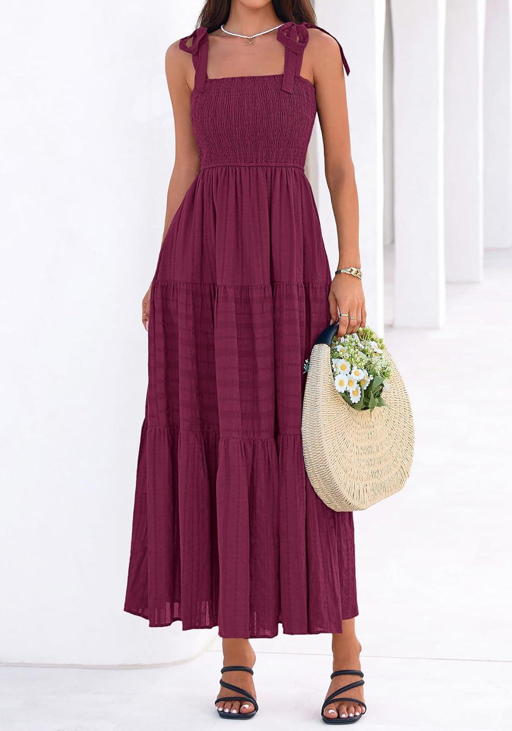 imageBTFBM Womens 2026 Spring Boho Spaghetti Strap Dress Casual Sleeveless Smocked A Line Beach Sundress Long Maxi DressesBurgundy