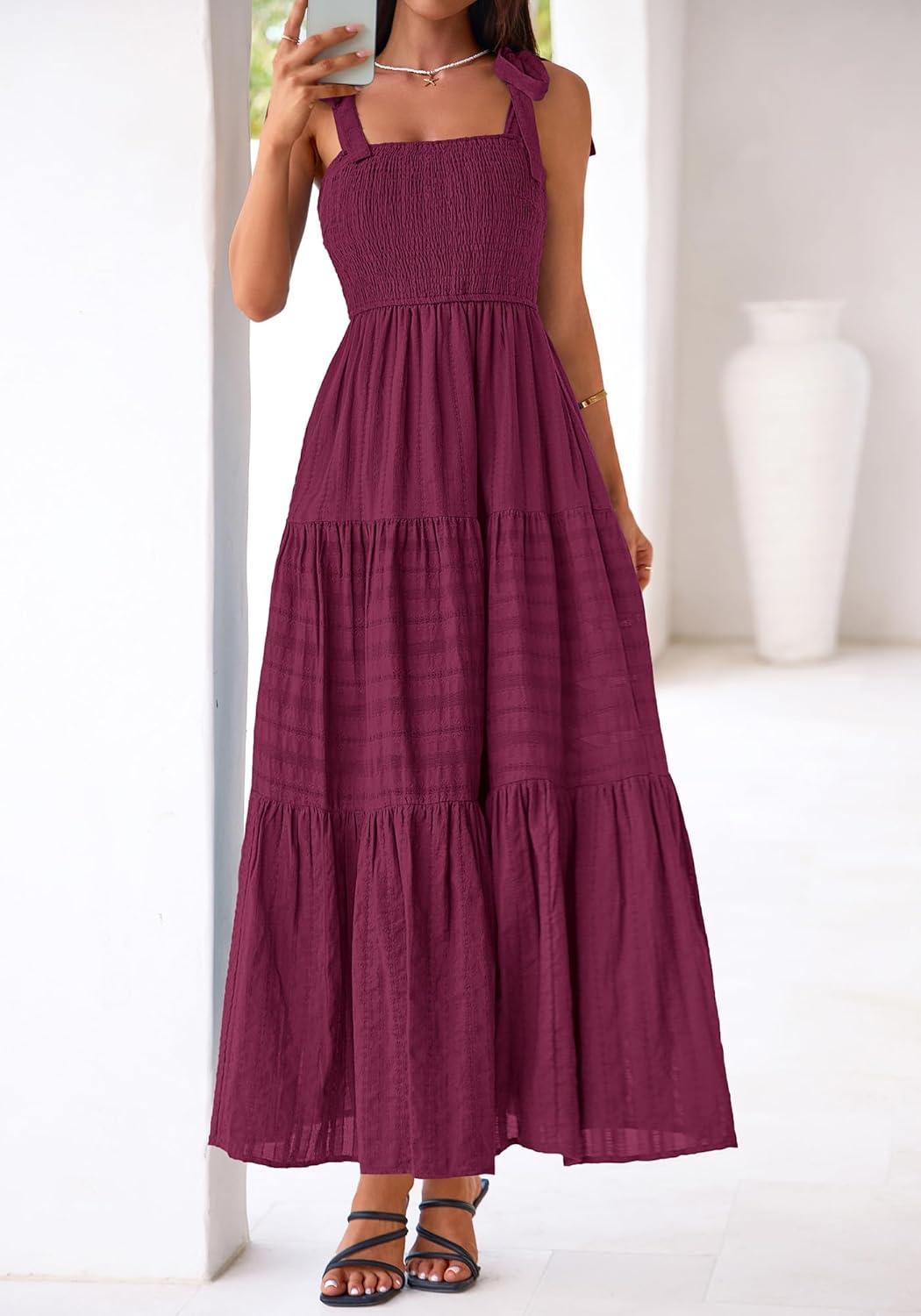 imageBTFBM Womens 2026 Spring Boho Spaghetti Strap Dress Casual Sleeveless Smocked A Line Beach Sundress Long Maxi DressesBurgundy