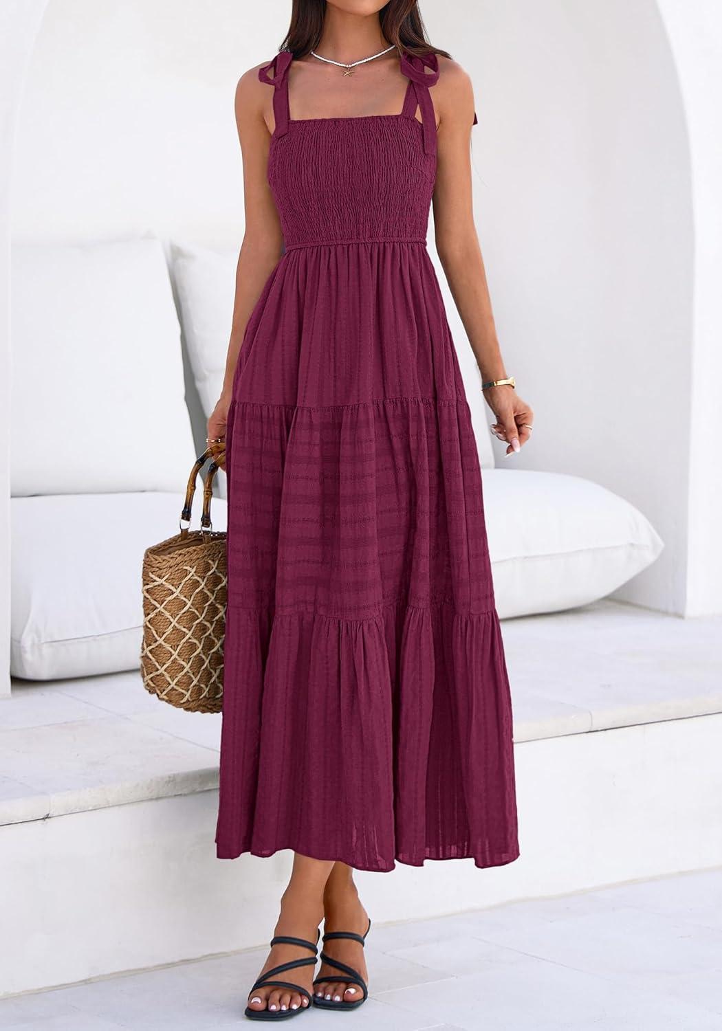 imageBTFBM Womens 2026 Spring Boho Spaghetti Strap Dress Casual Sleeveless Smocked A Line Beach Sundress Long Maxi DressesBurgundy