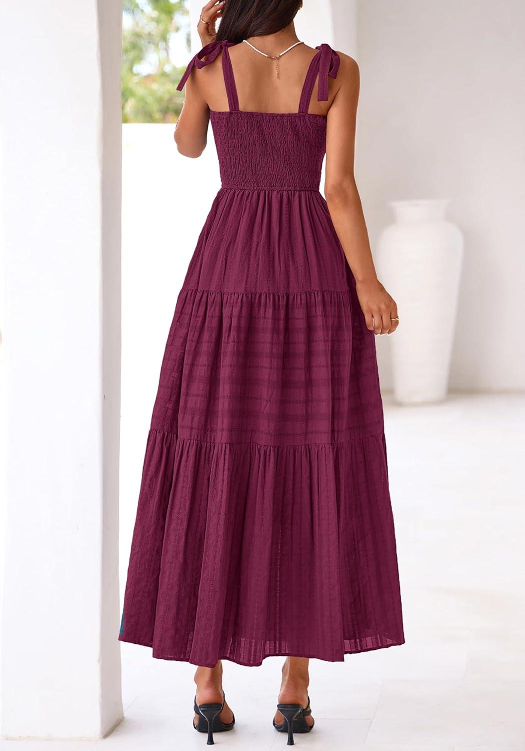 imageBTFBM Womens 2026 Spring Boho Spaghetti Strap Dress Casual Sleeveless Smocked A Line Beach Sundress Long Maxi DressesBurgundy