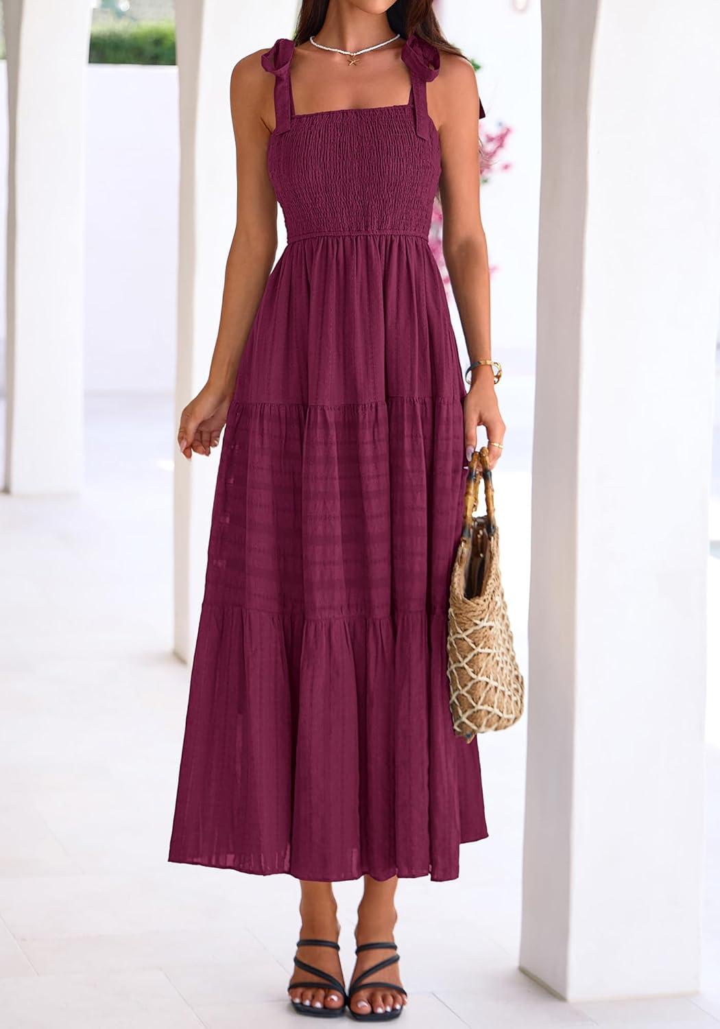 imageBTFBM Womens 2026 Spring Boho Spaghetti Strap Dress Casual Sleeveless Smocked A Line Beach Sundress Long Maxi DressesBurgundy