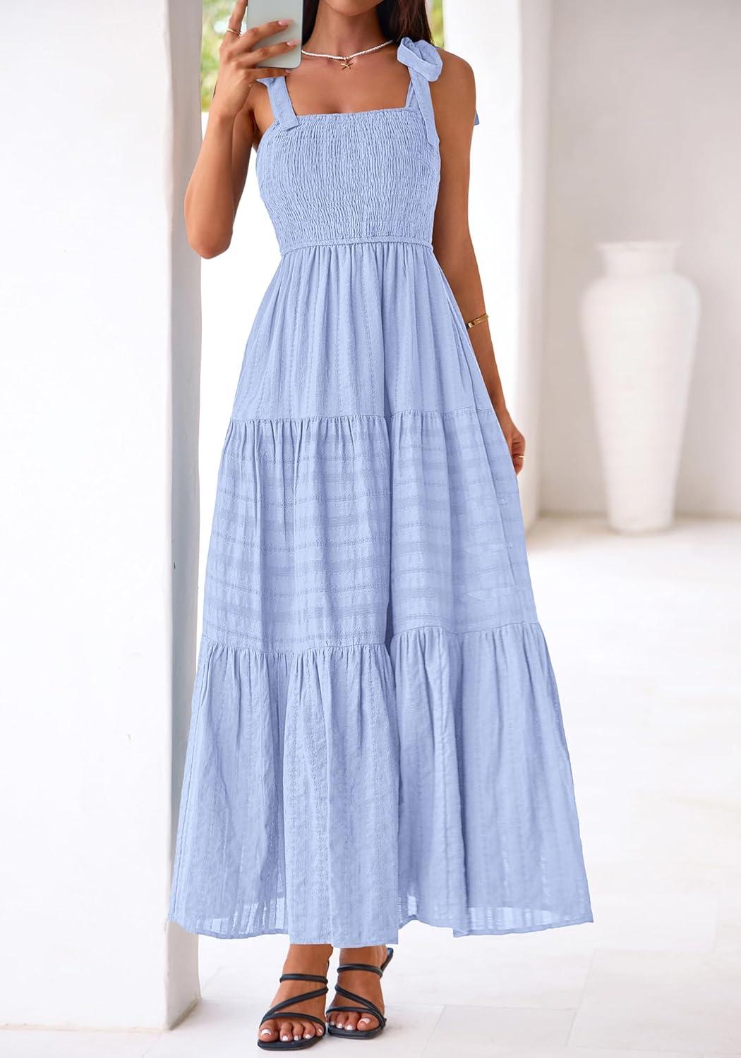 imageBTFBM Womens 2026 Spring Boho Spaghetti Strap Dress Casual Sleeveless Smocked A Line Beach Sundress Long Maxi DressesLight Blue