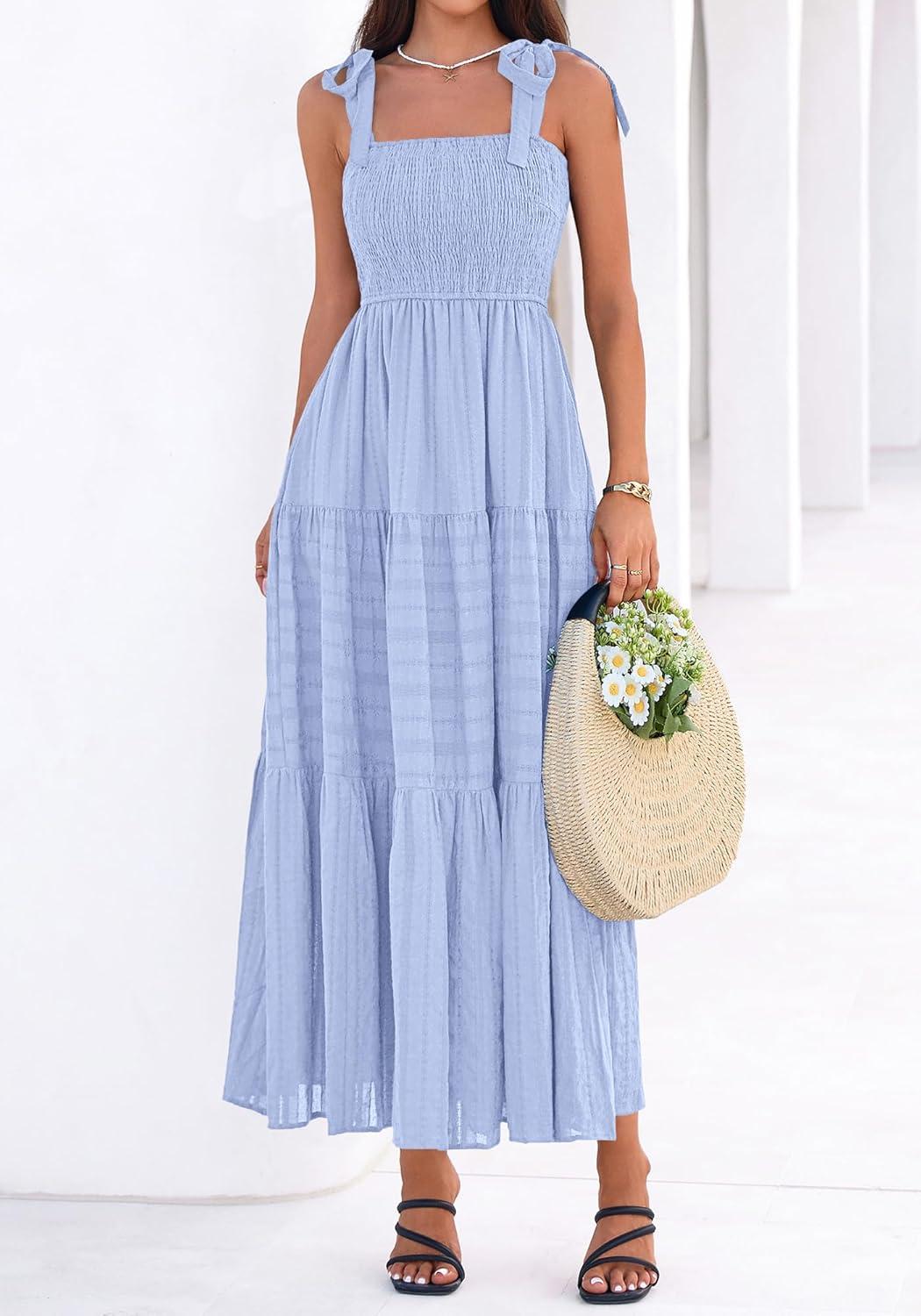 imageBTFBM Womens 2026 Spring Boho Spaghetti Strap Dress Casual Sleeveless Smocked A Line Beach Sundress Long Maxi DressesLight Blue