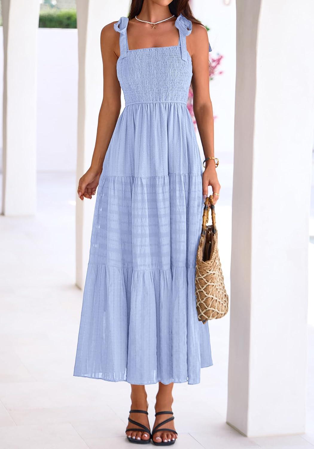 imageBTFBM Womens 2026 Spring Boho Spaghetti Strap Dress Casual Sleeveless Smocked A Line Beach Sundress Long Maxi DressesLight Blue