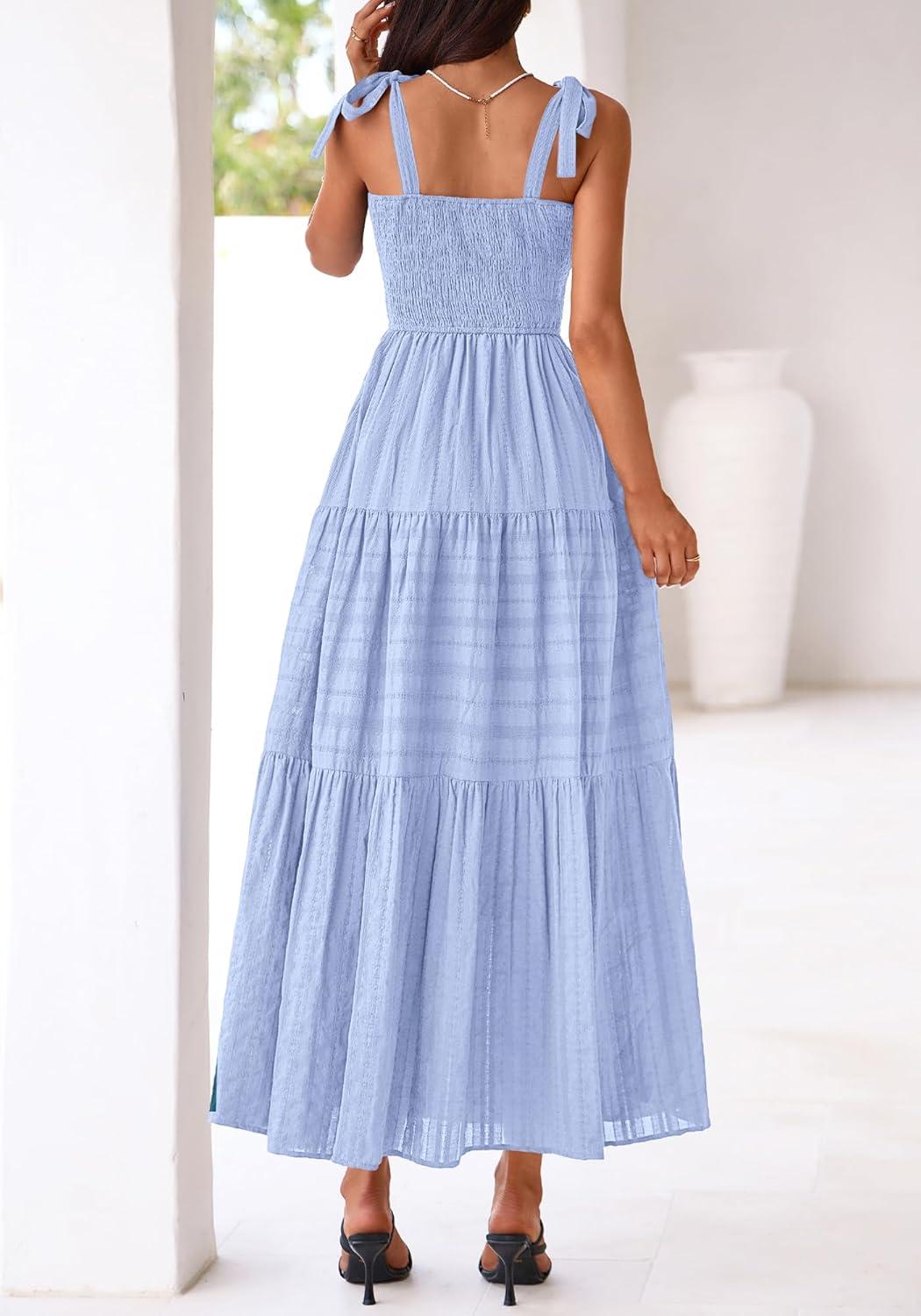 imageBTFBM Womens 2026 Spring Boho Spaghetti Strap Dress Casual Sleeveless Smocked A Line Beach Sundress Long Maxi DressesLight Blue