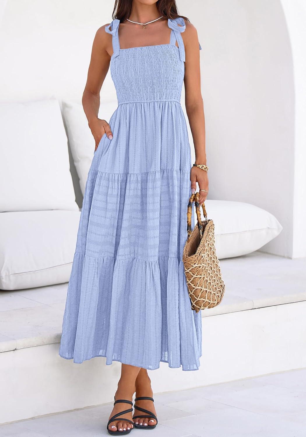imageBTFBM Womens 2026 Spring Boho Spaghetti Strap Dress Casual Sleeveless Smocked A Line Beach Sundress Long Maxi DressesLight Blue