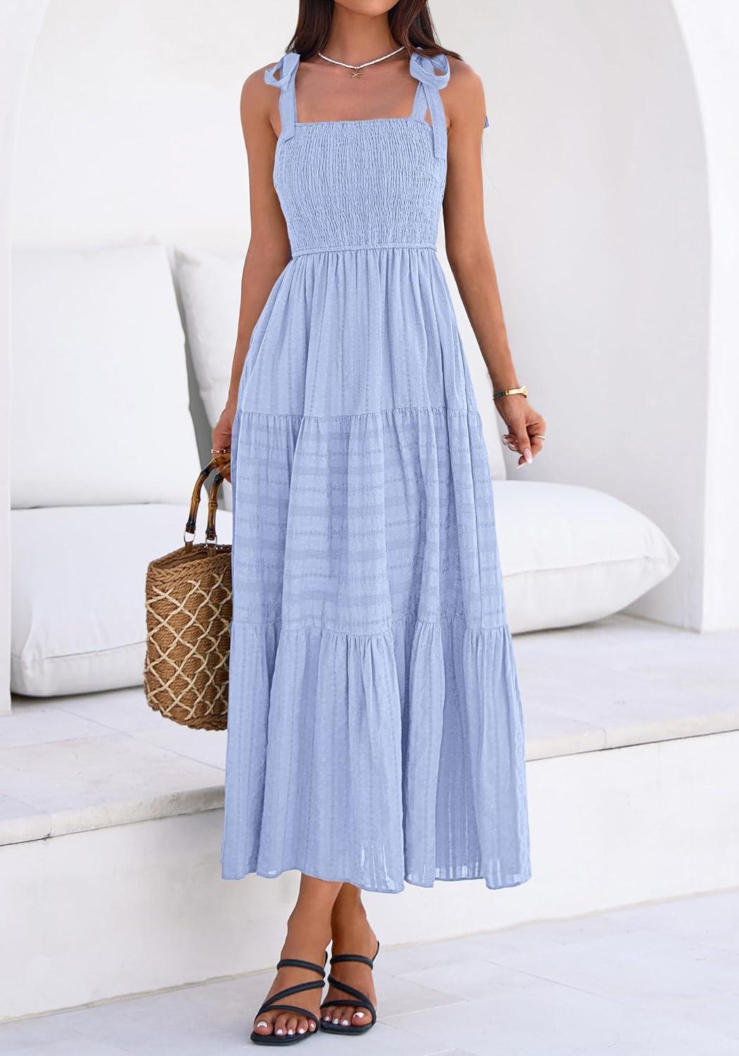 imageBTFBM Womens 2026 Spring Boho Spaghetti Strap Dress Casual Sleeveless Smocked A Line Beach Sundress Long Maxi DressesLight Blue