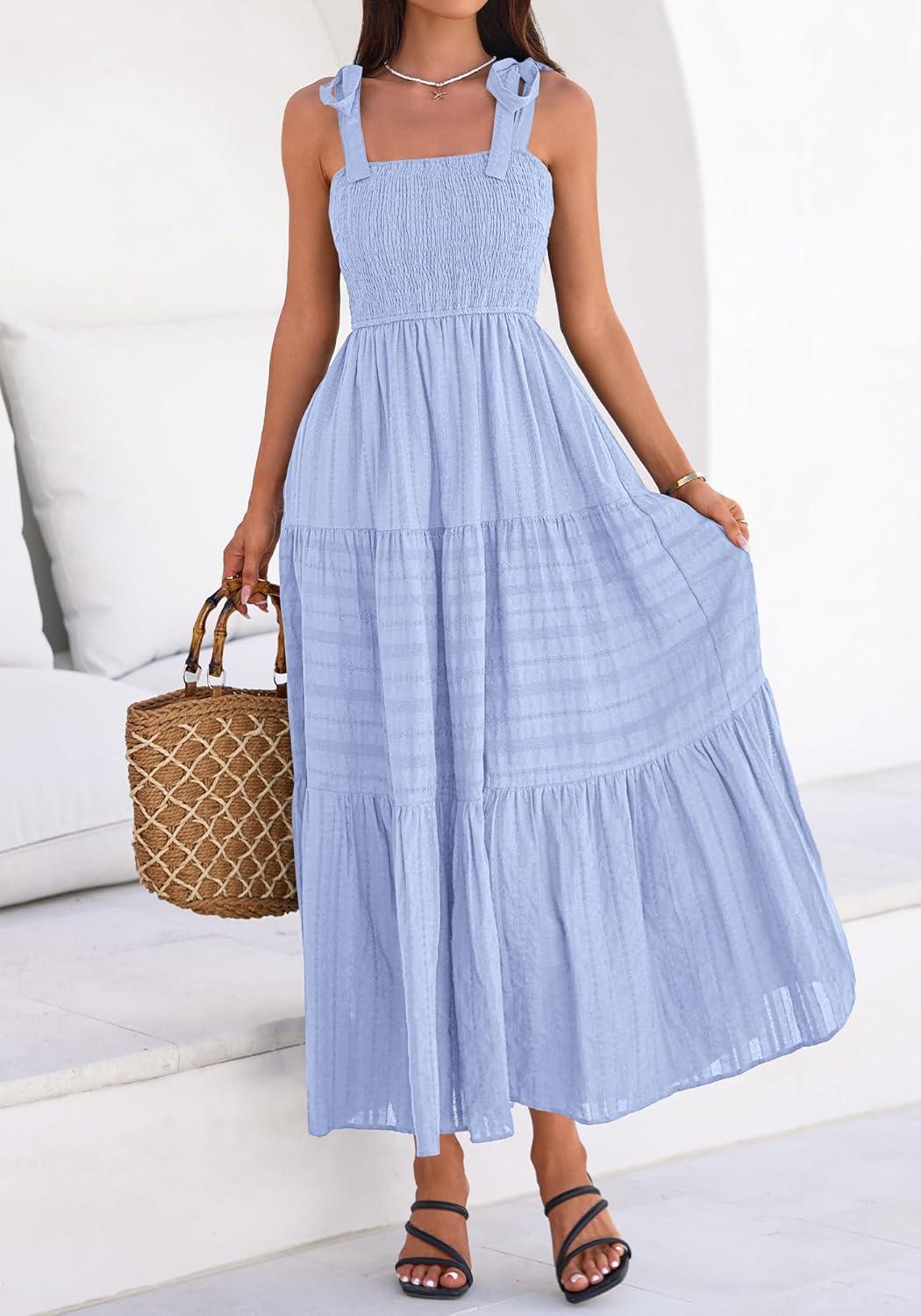 imageBTFBM Womens 2026 Spring Boho Spaghetti Strap Dress Casual Sleeveless Smocked A Line Beach Sundress Long Maxi DressesLight Blue