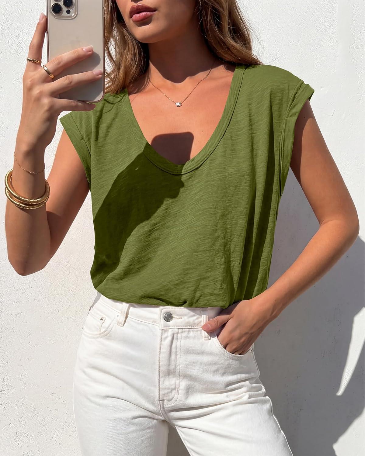 imageBTFBM Womens Tops Going Out Casual Cap Sleeve Summer Basic Tees 2026 V Neck T Shirts Trendy BlouseArmy Green