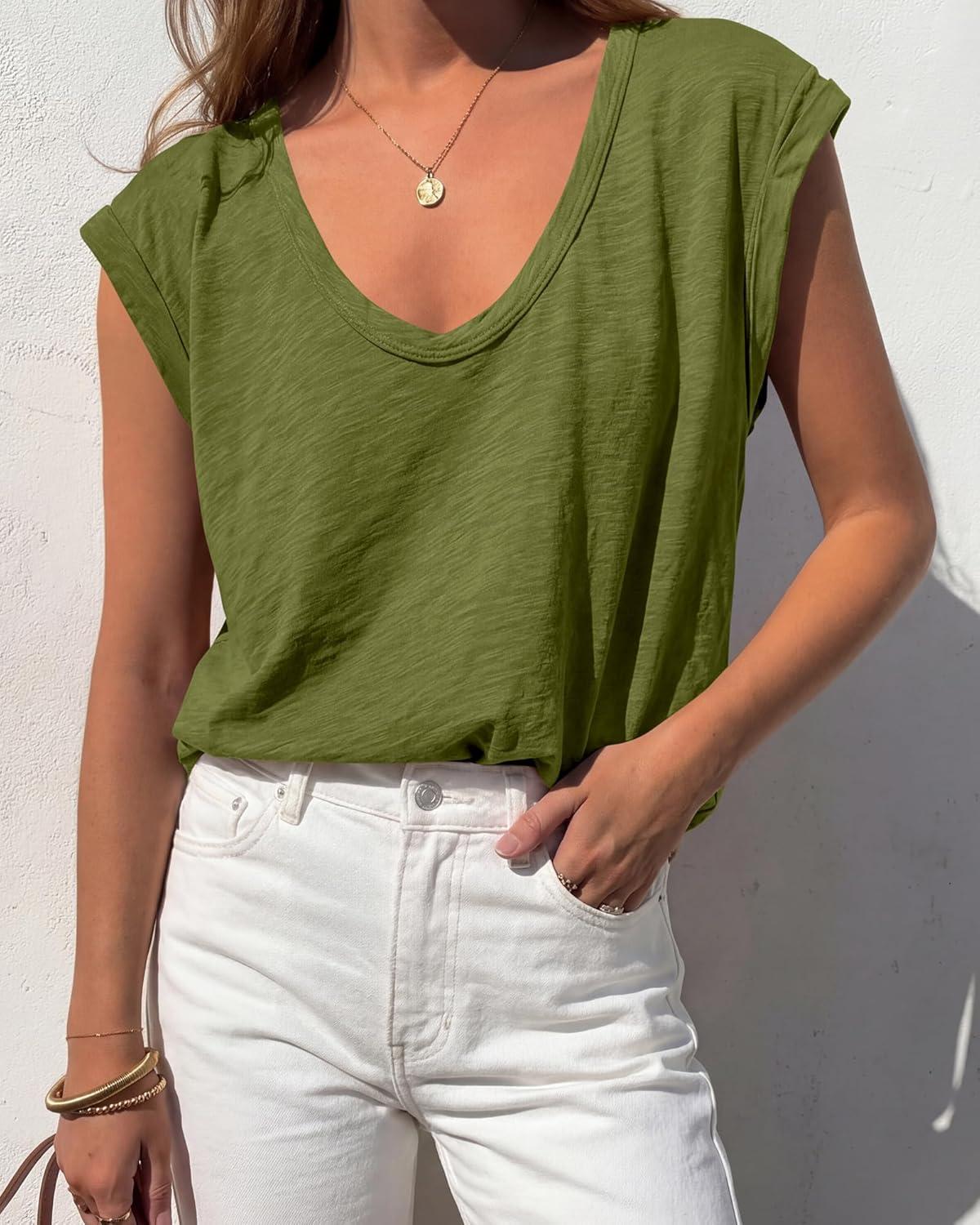 imageBTFBM Womens Tops Going Out Casual Cap Sleeve Summer Basic Tees 2026 V Neck T Shirts Trendy BlouseArmy Green