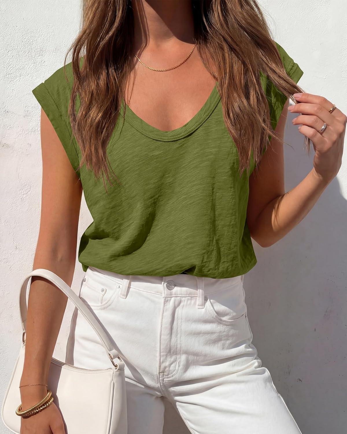 imageBTFBM Womens Tops Going Out Casual Cap Sleeve Summer Basic Tees 2026 V Neck T Shirts Trendy BlouseArmy Green