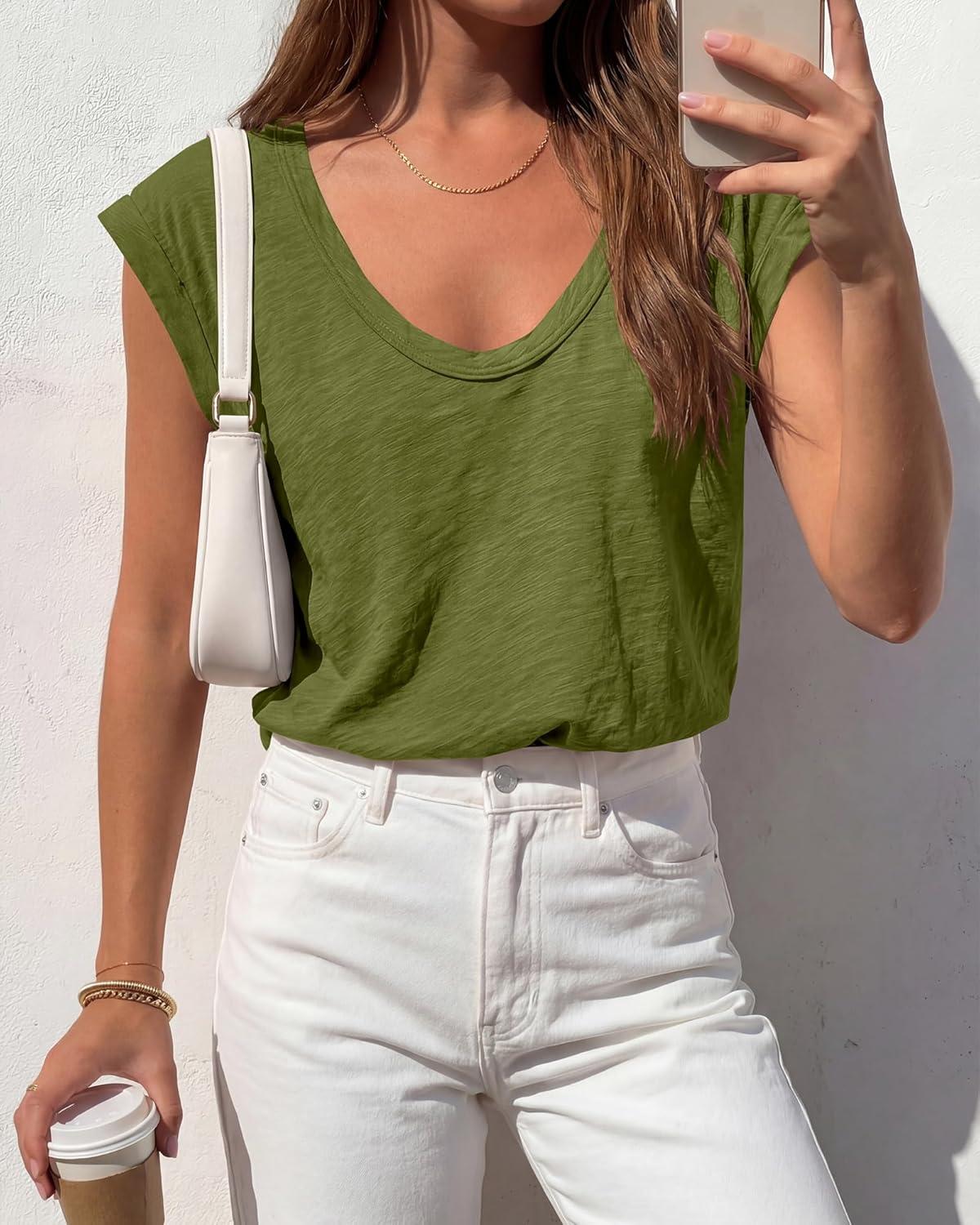 imageBTFBM Womens Tops Going Out Casual Cap Sleeve Summer Basic Tees 2026 V Neck T Shirts Trendy BlouseArmy Green